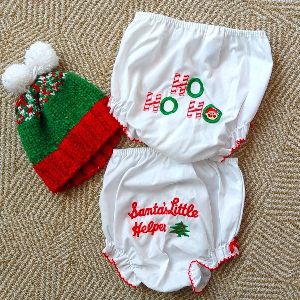 Vintage Handmade Christmas Embroidered Diaper Covers Hat Baby Photo Outfit 3-6 M